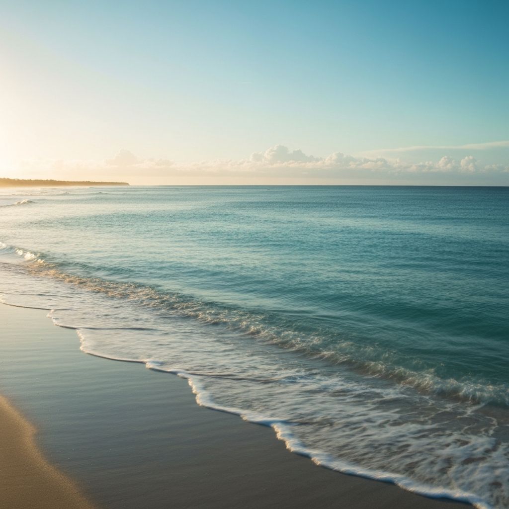 Serene ocean coastline at golden hour with calm waters